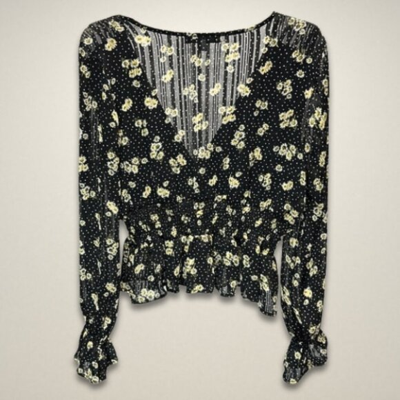 Crave Fame Blouse Peplum Hem Long Sleeves Floral Print Black/Yellow/White W XL - Picture 3 of 7